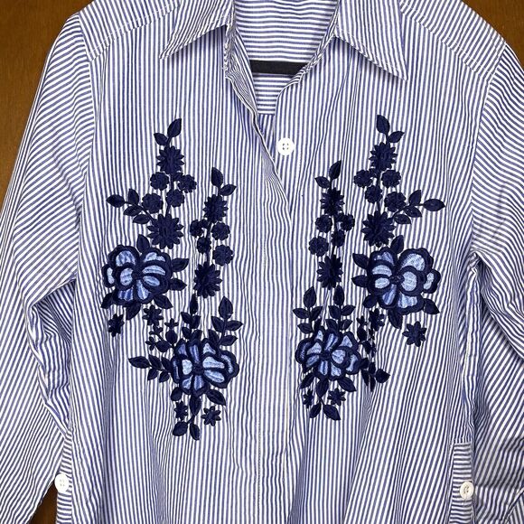Embroidered Button Down Tunic Shirt Stripe Floral 3/4 Sleeve Womens M Blue White - Picture 4 of 8